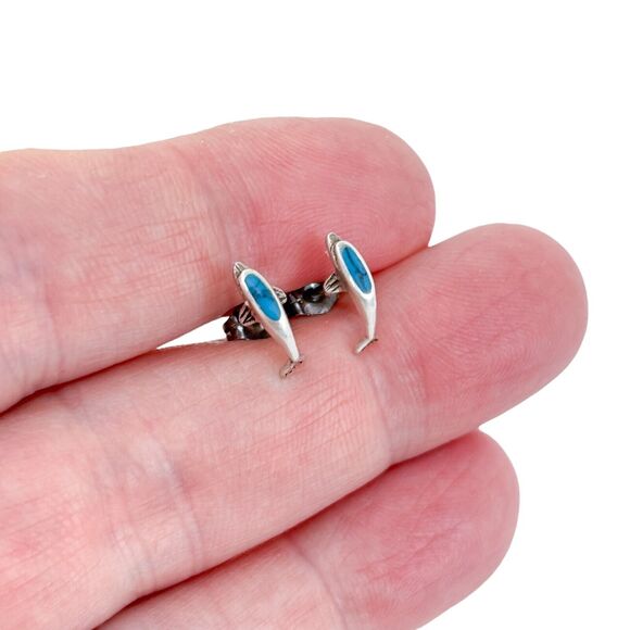 Vintage Sterling Silver 925 Turquoise Dolphin Stud Earrings - Picture 1 of 6
